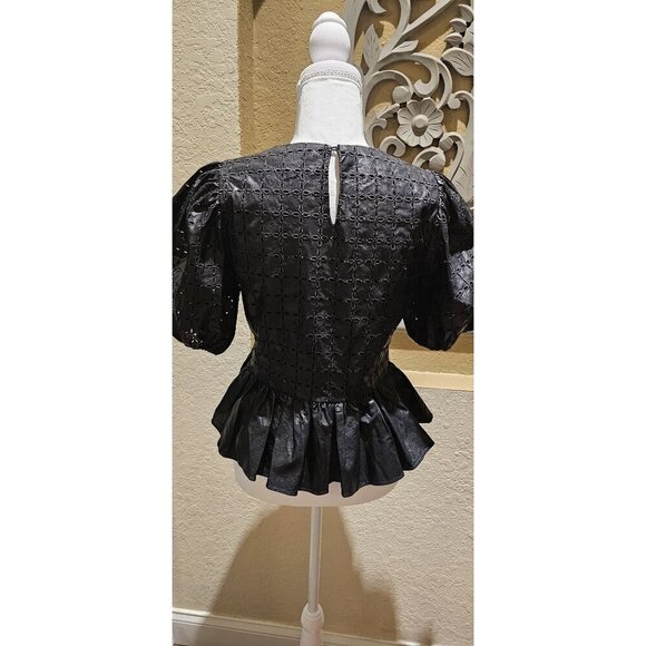 English Factory Black Faux Leather Peplum Top W/ Puff Sleeves & Eyelet Detail - Picture 2 of 9